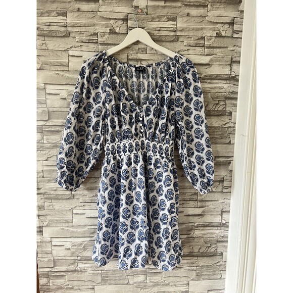 J Crew V Neck Mini Bouquet Block Print Blue White Lined XS Smocked Dress - Picture 2 of 11